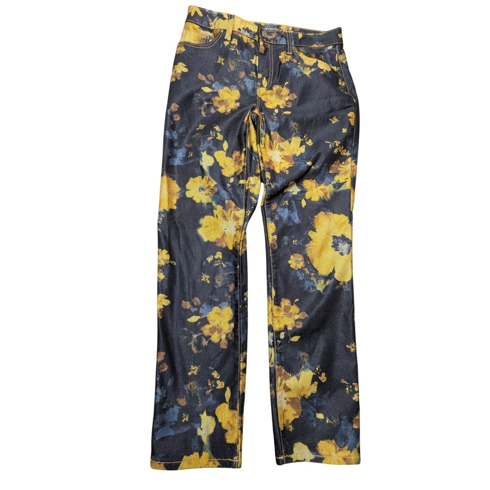 Chico's Floral Ankle Jeans Navy Yellow Slim Leg Stretch Denim Size 00 Ankle